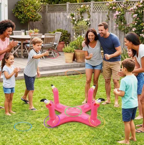 Oppustelige poolringkastespil, haj- og flamingoformede flydende poolringe, inkluderer 6 ringe, perfekt til sommerpoolfester.
