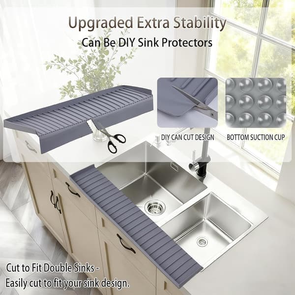 Silicone Sink Splash Guard 10x76 cm with Suction Cups – Grey Splash Protector for Kitchen, Bathroom, Granite and Quartz Countertops
