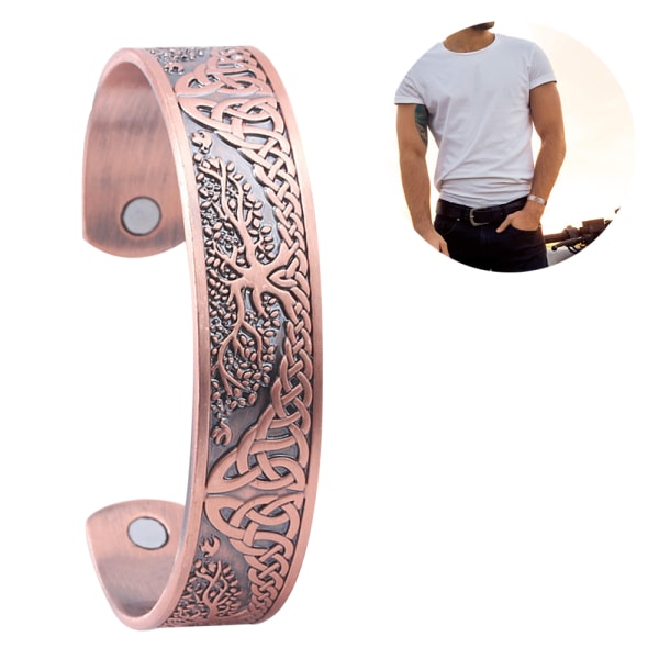 Koppar magnetiska armband för män kvinnor, solid koppar magnetiskt armband med livets träd mönster, koppar manschett armband