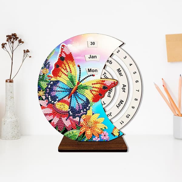 Evighetskalender Prydnad DIY Diamantkonst Målning Trä Rund Roterbar Kalender med Cirkulär Urtavla för att Ställa In Datum Bordsdekorationer
