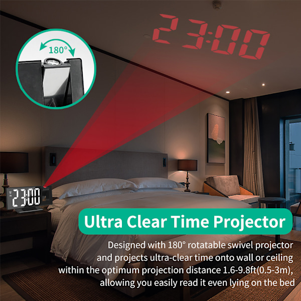 Digital väckarklocka, projektionsväckarklocka för tunga sovare, digital klocka för sovrum med stor LED-skärm, 12/24H, USB-laddningsport, snooze,