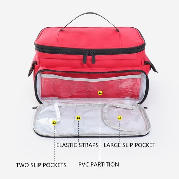 Large First Aid Bag Red Medical Storage Multi-Compartment PVC Interior Elastic Straps Emergency Kit Storage (Red)