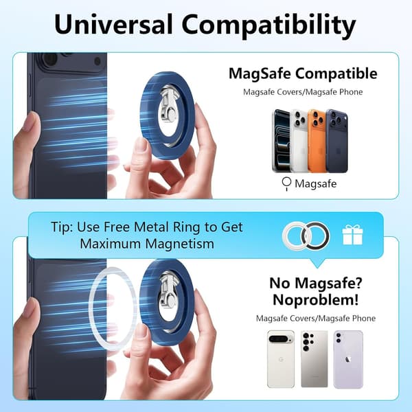 Magnetisk telefonringhållare – Kompatibel med iPhone, Samsung och magnetiska bilfästen; Stöder 360° rotation och dubbelsidigt grepp – Blå Sapphire blue