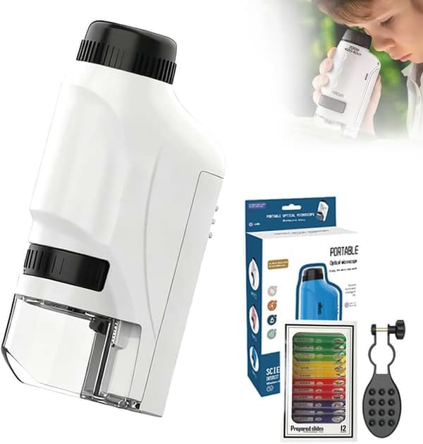 Mini Microscope 2026 New Pocket Microscope for Kids Portable Handheld Children's Microscope Miniscope Educational Science Kits LED Light 60X-120X (White)