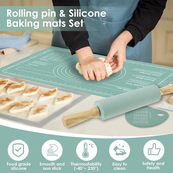 Silikon Bakematte Sett med Kjevle og Deigskrape Varmebestandig Silikon Bakeplate Nonstick Rektangulær Kakematte for Pizzadeig (grønn)