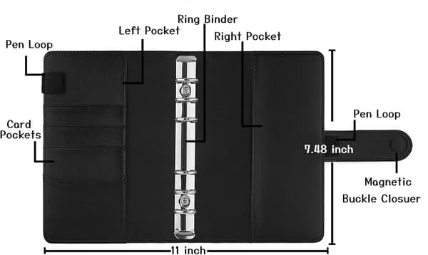 A6 PU læder notesbog-bind Genopfyldelig 6-rings-bind, Løsbladet personlig planlægger-bind med magnetisk spændelukning, Sort