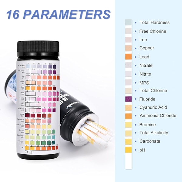 16 i 1 Vattenprovare, Vattenhårdhet, 100 Teststickor för Kranvatten, Vattenprovningssats för Bly, pH, Koppar, Järn, Nitrat, Klor och Mer | JUNJUN