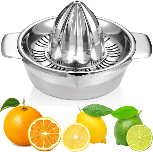 Denne manuelle citruspresser til citroner og grapefrugter er lavet af holdbart 304 rustfrit stål og leveres med en håndholdt ro