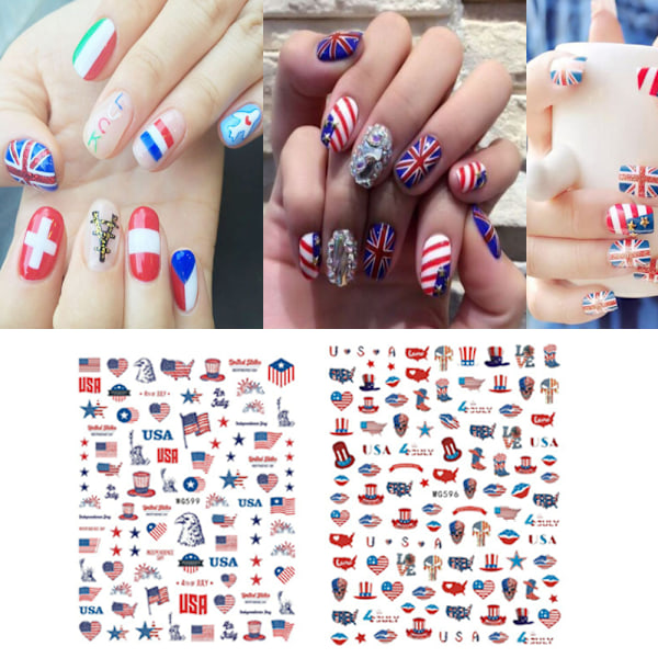 4th of July Nail Art Stickers, Independence Day Flag Patriotic Nail Decals, 3D Självhäftande Nail Art Design för Memorial Day DIY Nail Dekoration