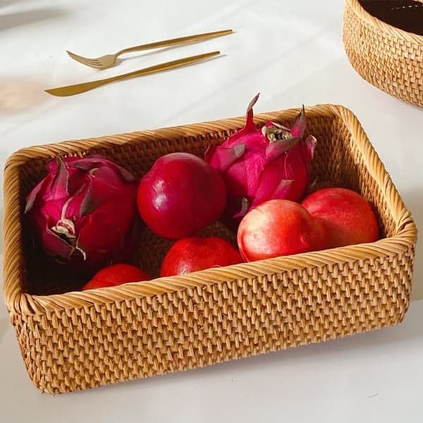 Natural Rattan Fruit Storage Baskets, Rectangular Woven Basket for Key Holder Remote Control