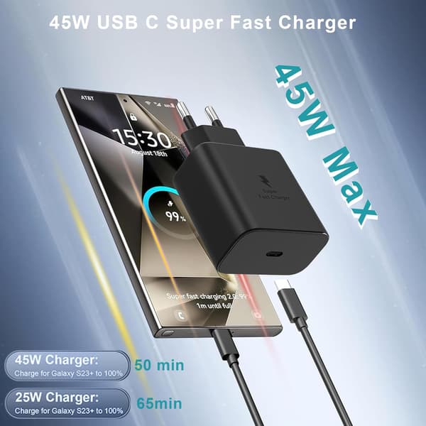 45W USB-C GaN hurtiglader med 1m kabel for Samsung, iPhone, iPad og Android Svart