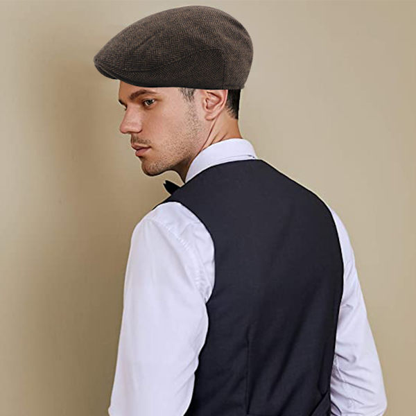 Nyhetspojkehatt, Klassiska herrhattar Flerfärgad tweed ullblandning Flat Cap khaki färg