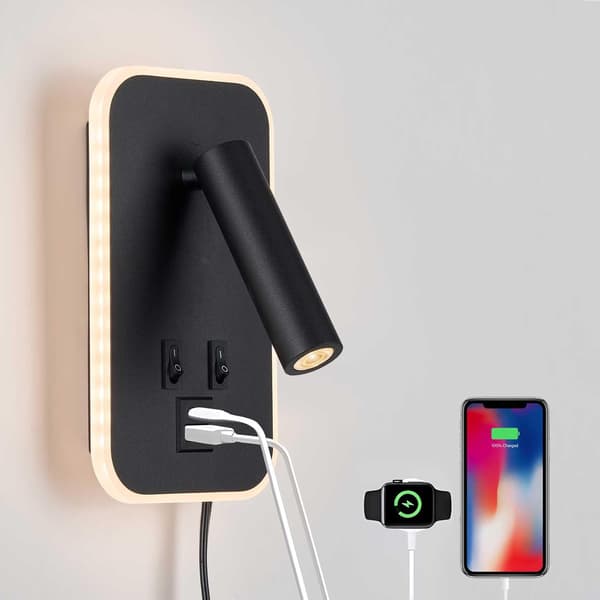 Hodegjerde Leselys, Nattbordslampe Plug-in Kablet 2-i-1 Vegglampe, Nattbordslamper USB C+A Porter, Justerbare Hodegjerde Lys for Soverom