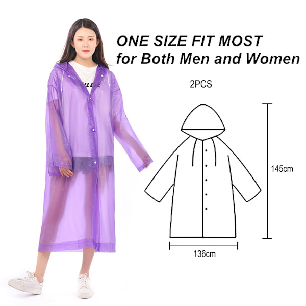 Återanvändbar regnponcho, 2-pack vattentät regnrock för män och kvinnor, bärbar regnkappa, andningsbar EVA-regnjacka, regnponcho, regnkappa för