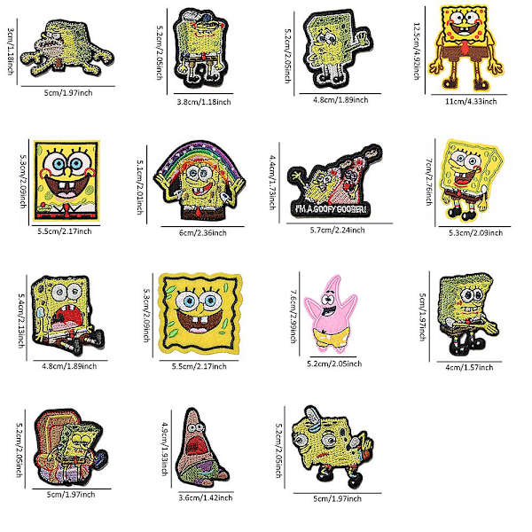 15 st Spongebob Squarepants-tema Broderade Strykjärnspåsar, DIY Sy Applikationslapp, Sy På/Strykjärnspås för Jeans, Byxor, Kläder, Jacka,