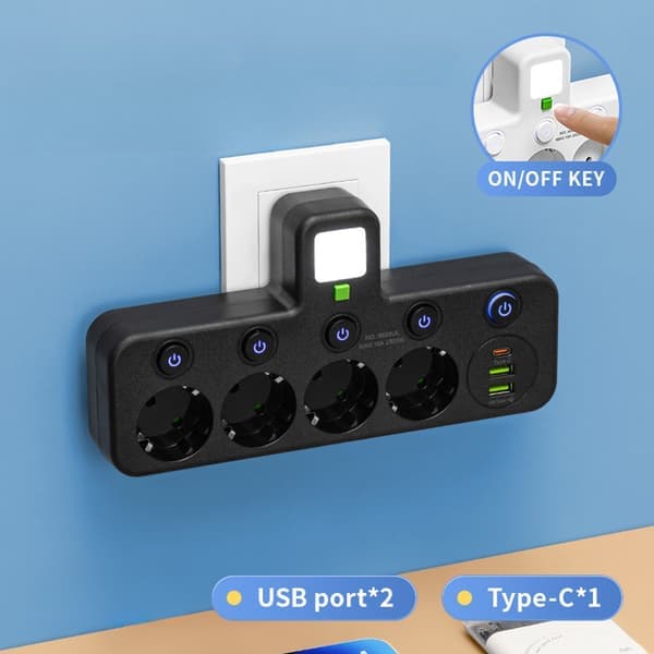 Compact 3-way power strip with 2 USB-A, 1 USB-C, night light and on/off switch - black