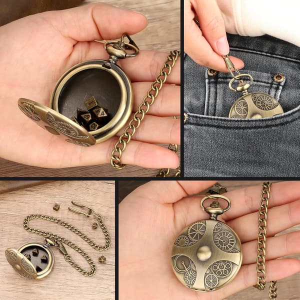 Mini D&D Dice Set with Bronze Steampunk Gear Pocket Watch Case, 7 Pcs Polyhedral Metal D&D Dice Set, Role Playing Game Accessories