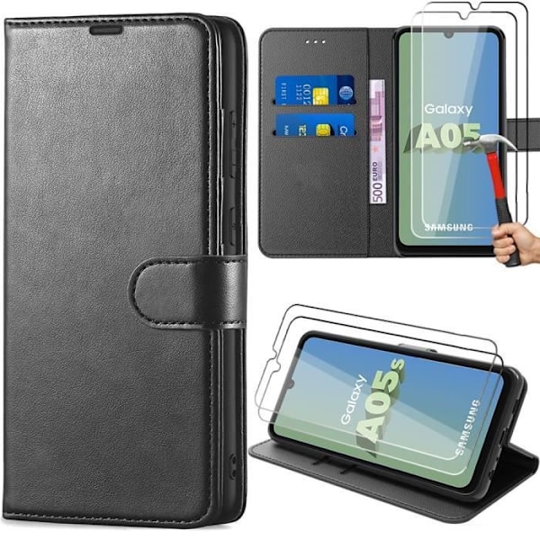Fodral + 2 härdade glasögon för Samsung Galaxy A05s - Stötsäker i svart PU-läder (ej för A05) Svart