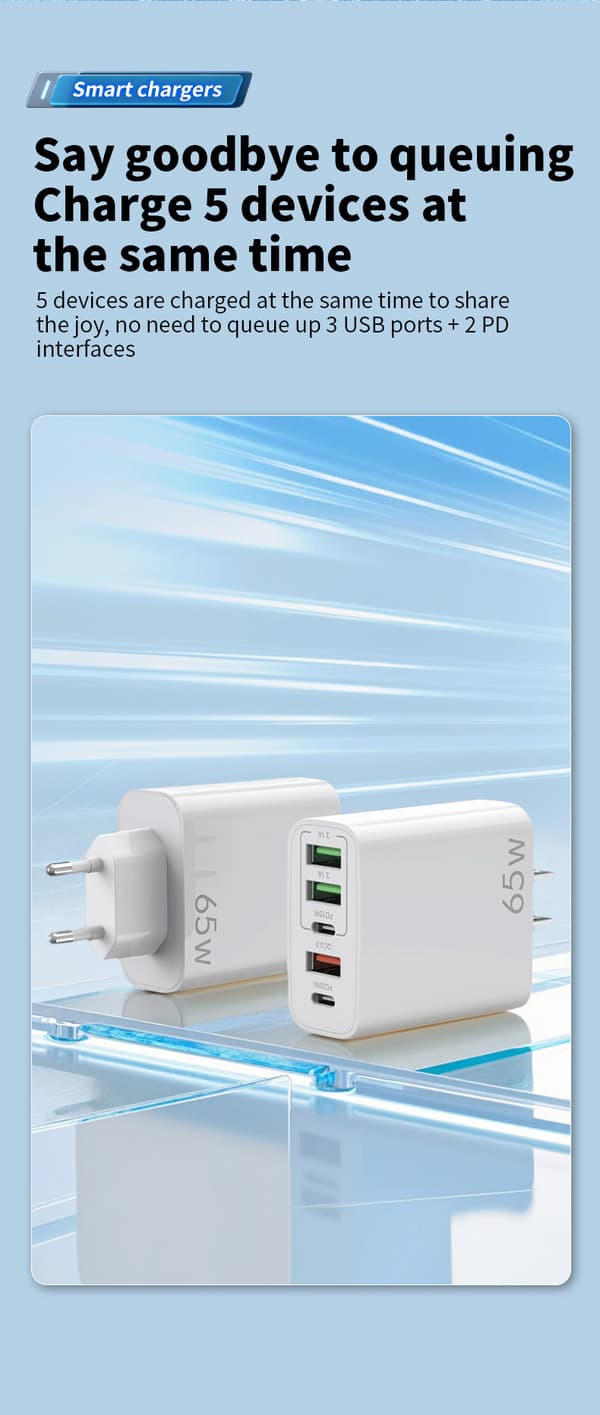 65W USB-oplader med 5 porte: 2 USB-C + 3 USB-A | Quick Charge-QC 3.0 | Kompatibel med Samsung/iPhone/Xiaomi/etc