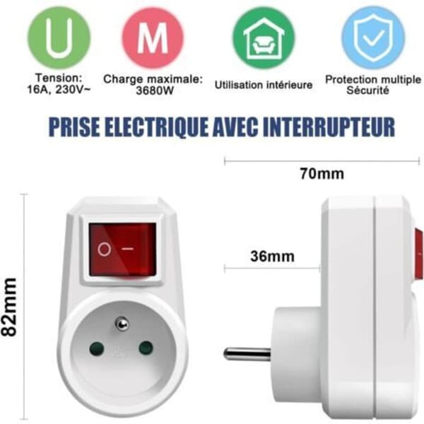 Extrastar Power Outlet with Switch, 1 in 1 Electrical Wall Plug, Electrical Wall Socket Ideal for Bedroom Home Office, 16A, 230V White, 2-pack