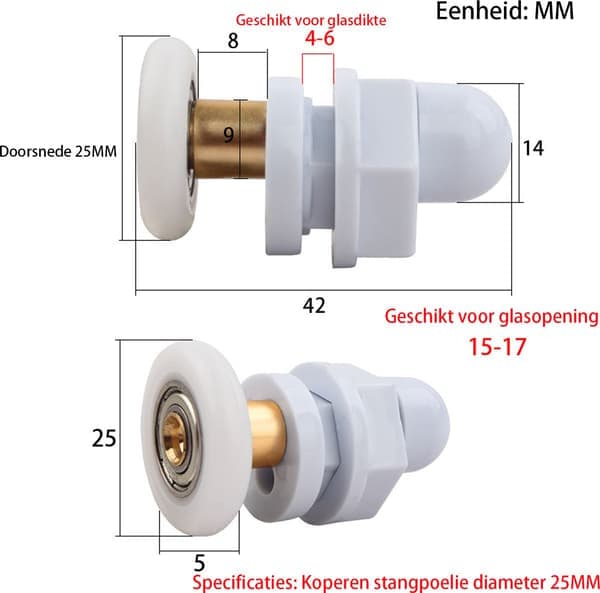 ING 8-delt (25 mm diameter) skydedør - brusekabinehjul - skydedørsophængshjul