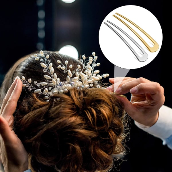 6 delar enkel metall U-formade hårnålar, 2 stift Updo Chignon Pins för kvinnor Flickor Bullar Håraccessoarer (guld, silver)