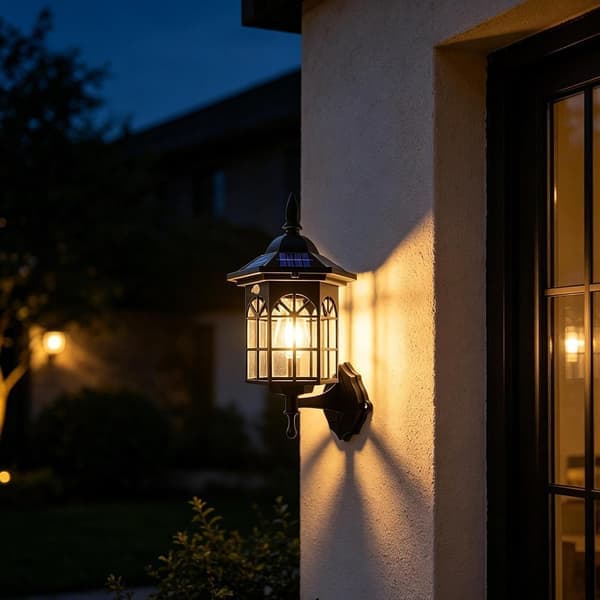Udendørs solcellevæglampe, rustik lanterne vægmonteret lampe, retro udendørs pæreholder, skumringssensor til veranda havefællesskab