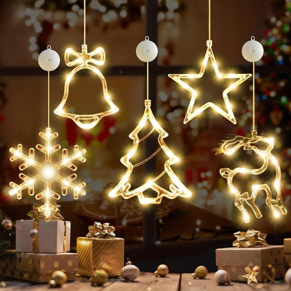 5-pack Christmas Window Lights Decorations with Timer Battery Operated Christmas Hanging Warm White Luminous Snowflake Tree Star Deer Bells Shaped LED