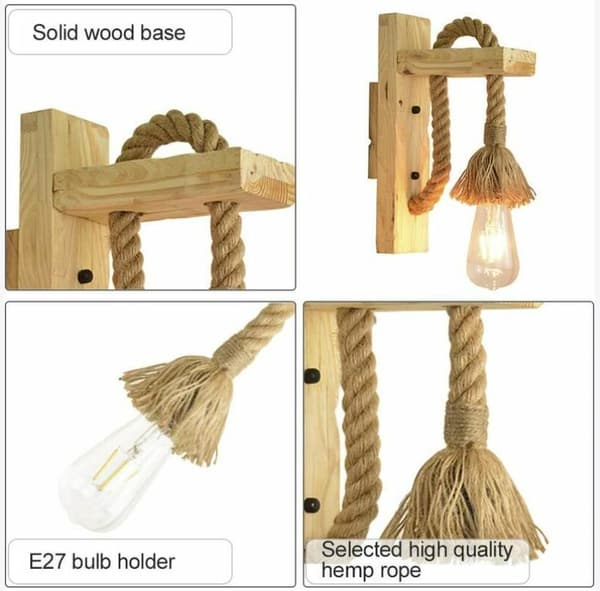 Retro Style Wall Lamp Hemp Rope Wooden Corridor Hotel Sconce Lights Indoor Wall Sconces E27 Edison Bulb Included