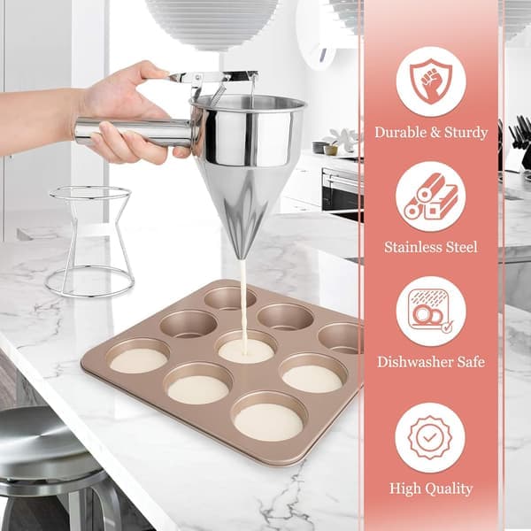 Piston Funnel with Stand - Stainless Steel Confectionery Funnel for Batter Dispensing and Bakery Use - Precise Cake Decorating Tool - Perfect