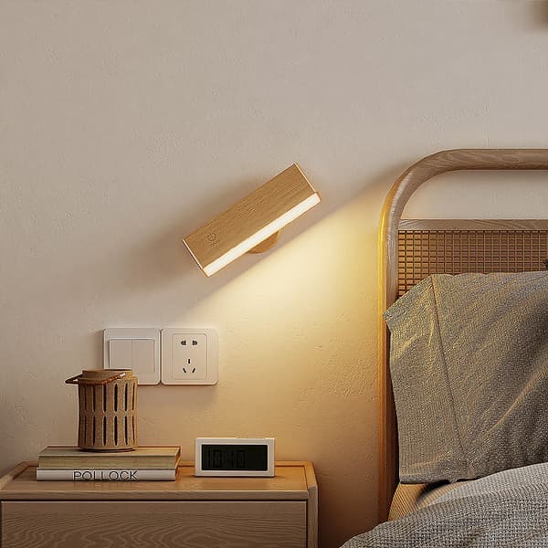 LED Solid Wood Wall Lamp, Wooden Bedside Lamp with Base and Detachable Lamp Head, 360° Flexible Light Source Adjustment, 4000K Neutral Light.