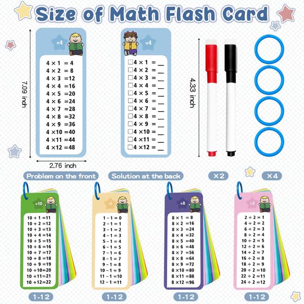 60-pakning Multi Math Flash Cards, Addisjon Subtraksjon Multiplikasjon Divisjon Flashkort, med 2 tavletusjer, 4 ringer, pedagogisk gangetabell