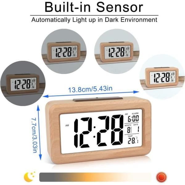 Digital Alarm Clock - Elegant Solid Wood Electronic Clock - Temperature Display - Backlight