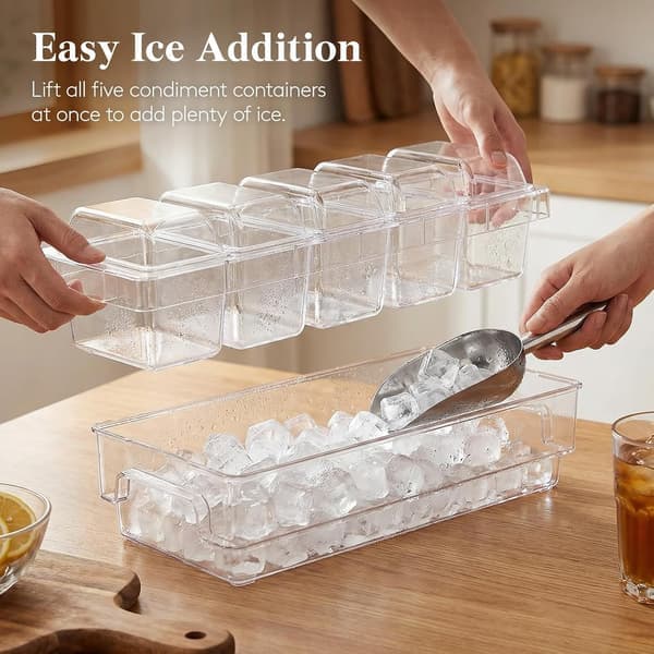 Chilled Condiment Containers with Lids, Plastic Taco Bar Serving Set for Party with 5 Compartments, Ice Tray for Mimosa Bar Accessories, Clear Serving