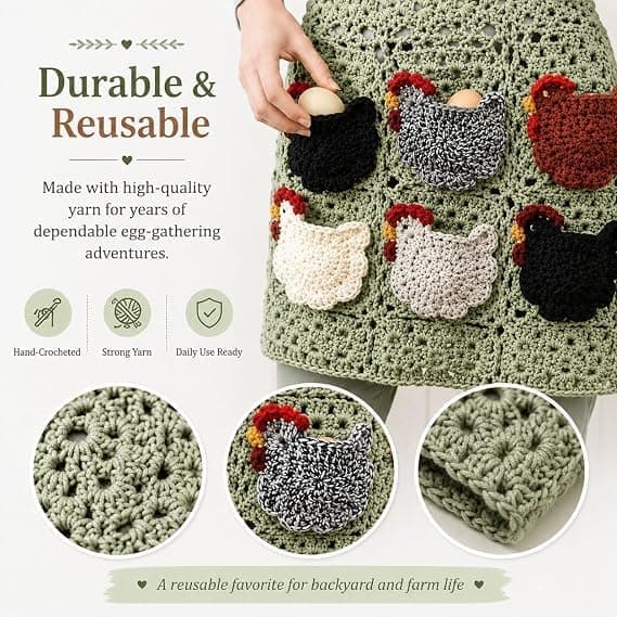 Crocheted Egg Collecting Apron with Chicken Pockets - Handmade Apron for Gathering Fresh Backyard Eggs