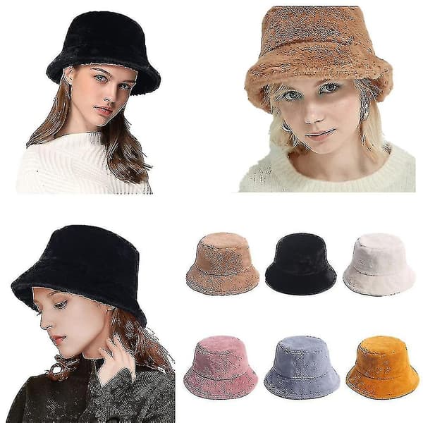 Dame Bucket Hat i Kunstig Pels Varm Hat Bred Skygge Unisex Fluffy Vinter Blød Hat grey