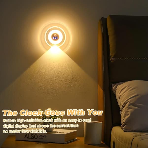 Motion-activated night light, LED wall light, sensor light with clock, rechargeable and dimmable, suitable for home decor and bedroom.