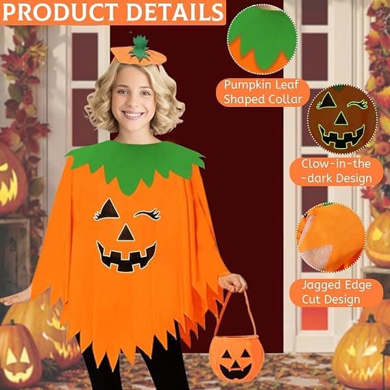 Græskarkostume til kvinder voksne - Halloweenkostumer Poncho med pandebåndstaske