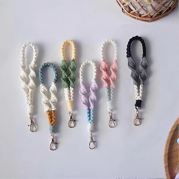 6 Pcs Boho Macrame Mobile Phone Wrist Strap, Mobile Phone Lanyard with Fixing Tab, Keychain Wrist Strap, Anti-Loss Mobile Chain