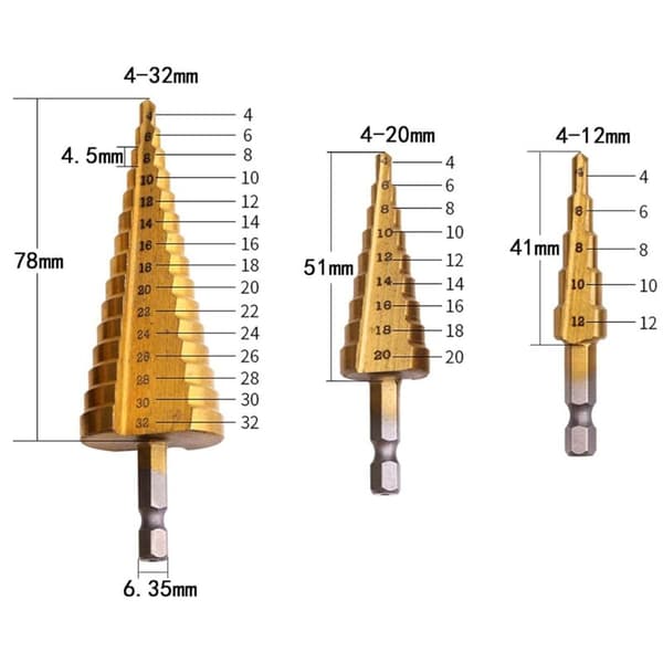 3-delt trinbor sæt, konisk titaniumbor med trekantform, 4-12/20/32 mm til boring i stål, messing, plast