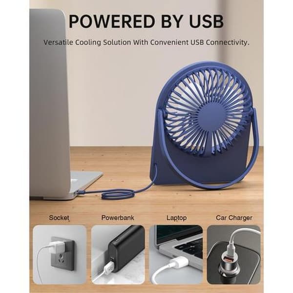 Portable USB Desk Fan with Three Adjustable Speeds. Mini, Foldable and Hangable. Ultra-Quiet. Blue.