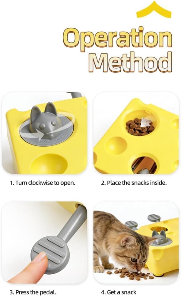3-i-1 Interactive Cat Toy for Indoor Cats - Rechargeable Feather Toy with Cheese Box & 4-Hole Whack-A-Mole Game, Boredom Relief (Cheese)