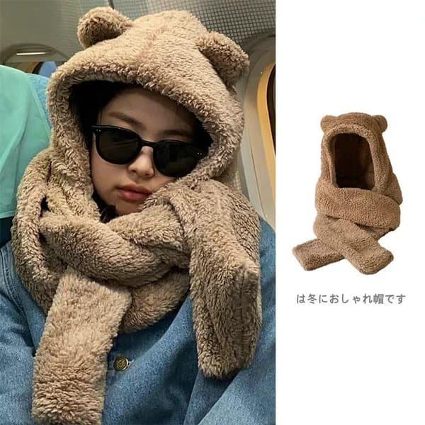 Women's Earflap Hat and Scarf All-in-One Cute Double Layer Th