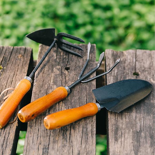 Trepunctiga trädgårdsredskap fröodling luckringsspade grävjord plantering blommor