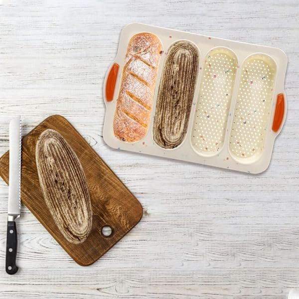 Bageplade til franske sandwichboller, fire rum, non-stick silikoneform, til sandwichbaguetter, miniværktøjssæt.
