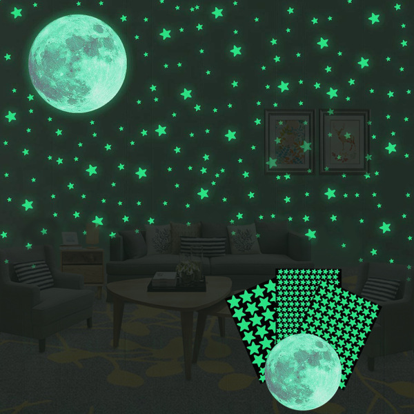 Glow in the Dark Stars för tak, lysande stjärnor och månväggdekal