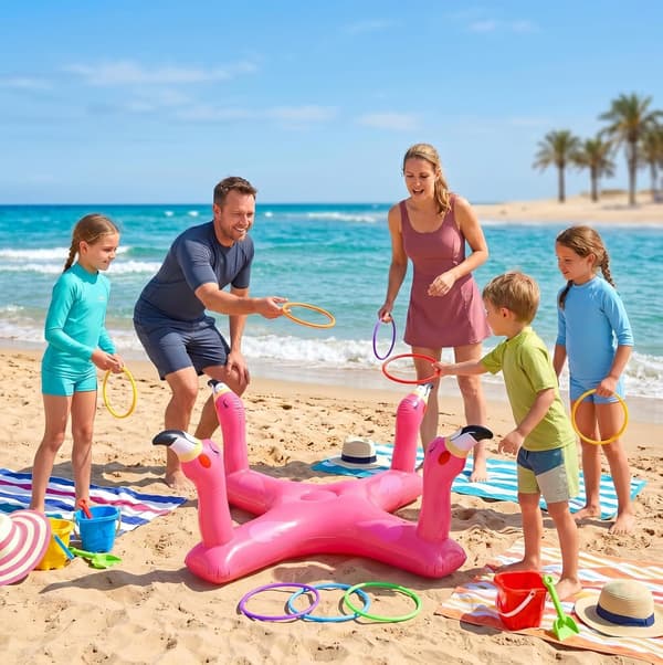 Oppustelige poolringkastespil, haj- og flamingoformede flydende poolringe, inkluderer 6 ringe, perfekt til sommerpoolfester.