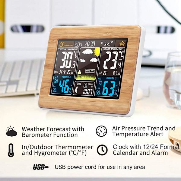 Trådlös digital väderstation med utomhussensor - med tid, datum, temperatur, luftfuktighet, barometer, larm, månfasvisning, multifunktion