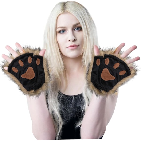Therian Paws, Katt tass 1 Par Halvfinger Therian Paws Söta broderade päls tassar Dekorativa realistiska tasshandskar för barn vuxna cosplay scen,
