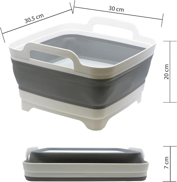 8,5 liters infällbar diskho i polypropen/TPR - Längd 30,5 cm - Bredd 30 cm - Höjd 20 cm (utfälld) - 7 cm (ihopfälld) (Grå)